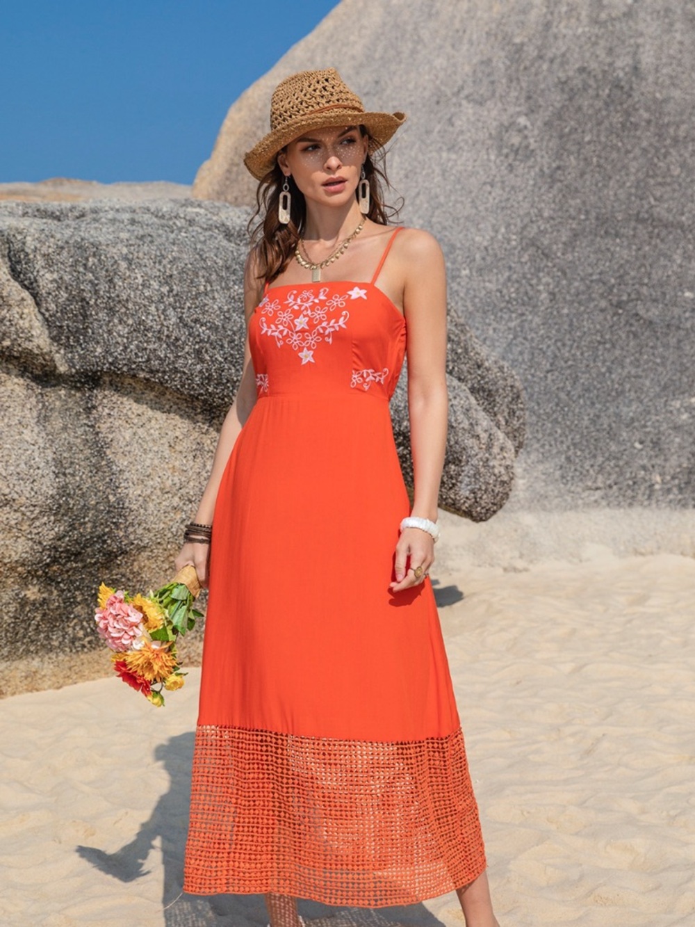 🧡 Hello Gorgeous! Embroidered Square Neck Midi Cami Dress - Picture 5 of 12